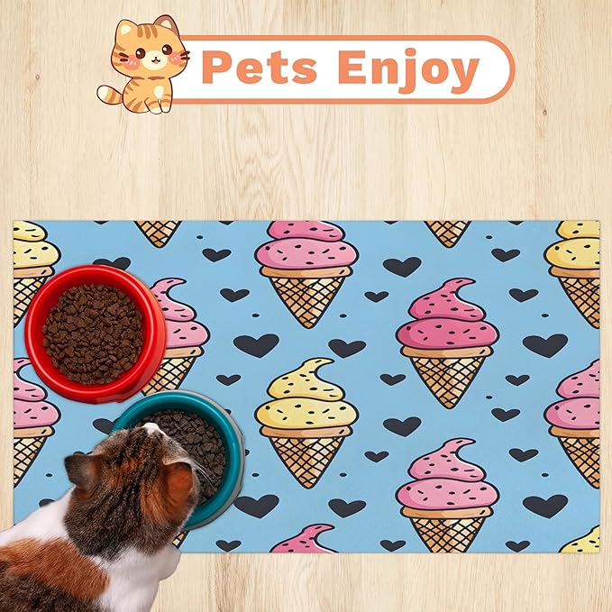 Ice Cream Dog Food Mat for Floors Absorbent Dog Bowl Mat for Food and Water Dispenser Quick Dry Cat Food Placemat Pet Supplies 16" x 24", Love Heart