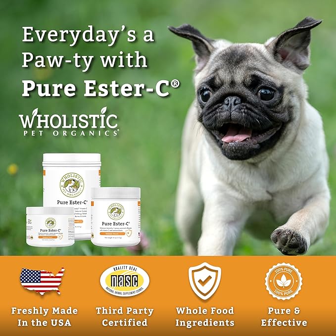 Wholistic Pet Organics Ester-C Powder for Dogs & Cats - Cat & Dog Allergy & Itch Relief - Vitamin C Immune Support Supplement - Itchy Skin Support for Seasonal Dog Allergy Relief - 2 oz - 57 Scoops