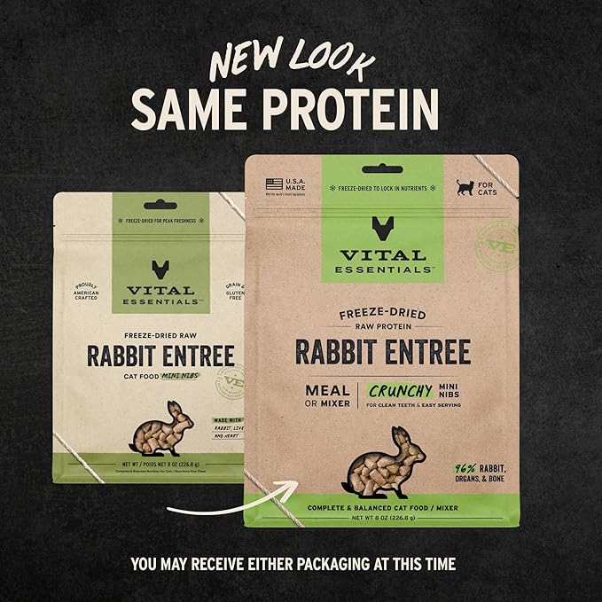Vital Essentials Freeze Dried Cat Food, Raw Rabbit Crunchy Mini Nibs | Complete Meal or Topper | 96% Rabbit, Organs & Bone | Limited Ingredient, High Protein, Grain Free Dry Cat Food | 8 oz Bag