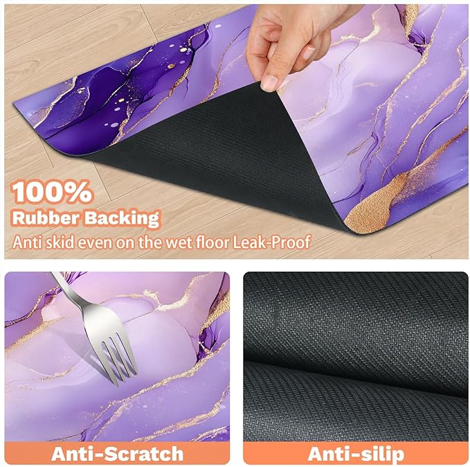 Purple Marble Dog Food Mat for Floors Absorbent, Quick Dry Water Dispenser Mat for Food, Water, Pet Supplies 16" x 24", Gold Purple Abstract