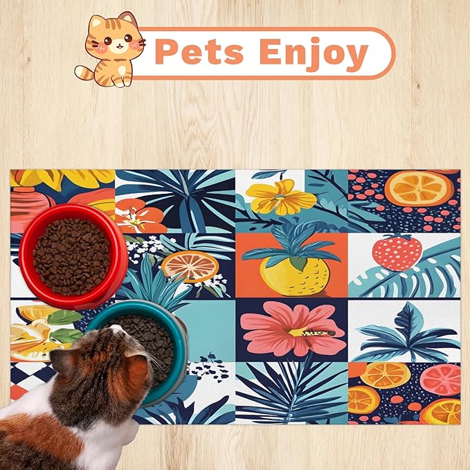 Pineapple Fruit Dog Food Mat for Floors Absorbent Dog Bowl Mat for Food and Water Dispenser Quick Dry Cat Food Placemat Pet Supplies 16" x 24", Check