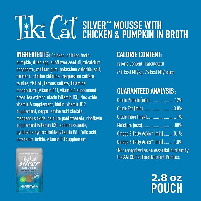 TIki Cat Silver Mousse, With Chicken & Pumpkin In Broth, Silky Smooth Nutrient Rich Formulated for Older Cats Aged 11+, 2.9 oz. Pouch (12 Count)