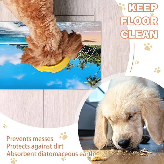 Tropical Beach Dog Food Mat for Floors Absorbent, Quick Dry Water Dispenser Mat for Food, Water, Pet Supplies 16" x 24", Palm Tree
