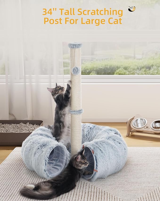 3-in-1 Cat Toys, 34'' Tall Cat Scratching Post with Donut Tunnel, Fluffy Plush Peekaboo Cave for Indoor Pets Such as Kittens, Puppies, Rabbits, and Ferrets