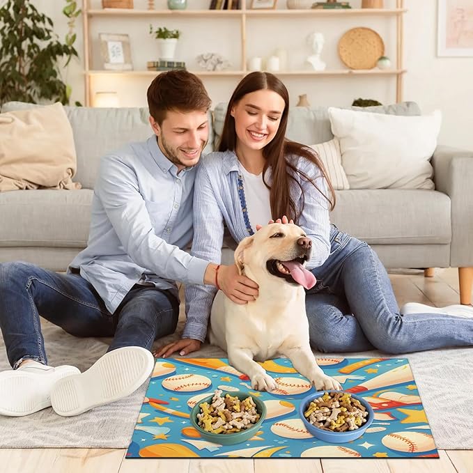 Baseball Dog Food Mat for Floors Absorbent, Quick Dry Water Dispenser Mat for Food, Water, Pet Supplies 16" x 24", Sports Ball