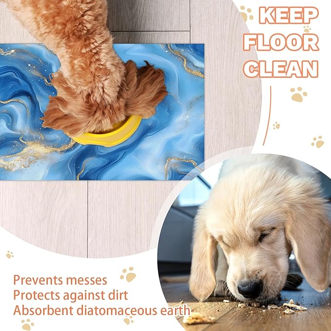 Marble Dog Food Mat for Floors Absorbent, Quick Dry Water Dispenser Mat for Food, Water, Pet Supplies 16" x 24", Blue Abstract