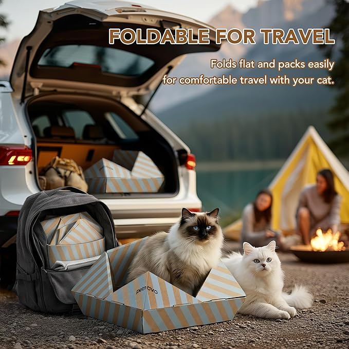 PETNOVO Foldable Cat Bed & House for Travel – Origami Cardboard Cat House with Built-in Honeycomb Scratcher Pad, No-Tools Assembly, FSC-Certified Recyclable, Grey, 18.5" L x 18.5" W x 11.8" H