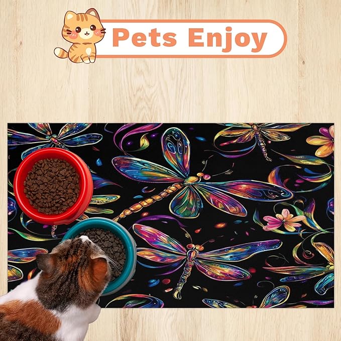 Dragonfly Dog Food Mat for Floors Absorbent, Quick Dry Water Dispenser Mat for Food, Water, Pet Supplies 12" x 20",