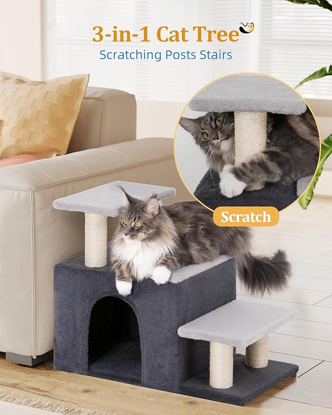 3-in-1 Pet Stairs for Cats, Dog Steps for Doggie Rabbits,7.8'' Depth Cat Stairs,Indoor Cat Steps for High Bed for Pet's Joints, Soft Plush, 1 Big Cat Condo Cave, Sisal Scratcher, Grey, Large