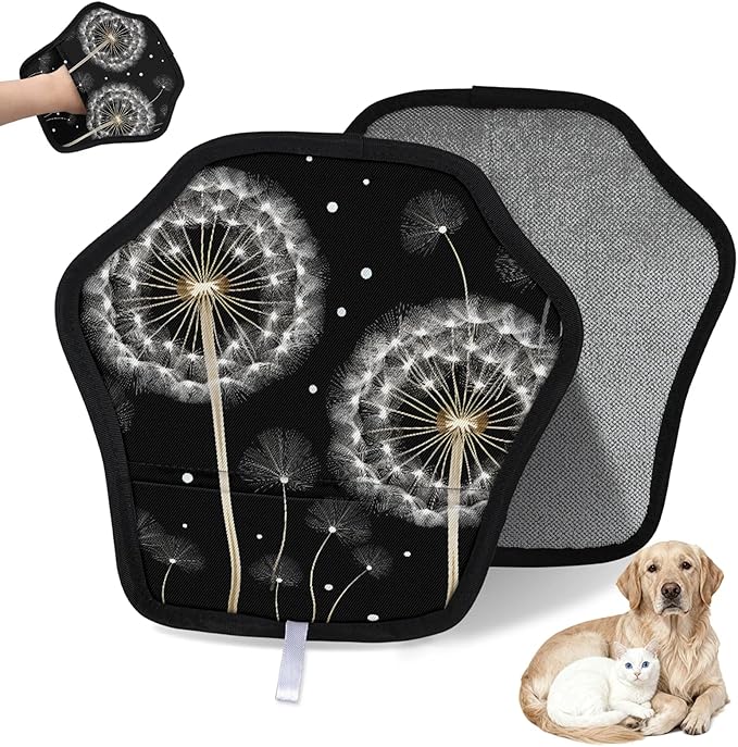 Reusable Pet Hair Removal Glove White Dandelions Magic Brush for Cat & Dog Hair Remover for Car, Sofa, Bedding, Clothes - 9x9 Mitt Washable