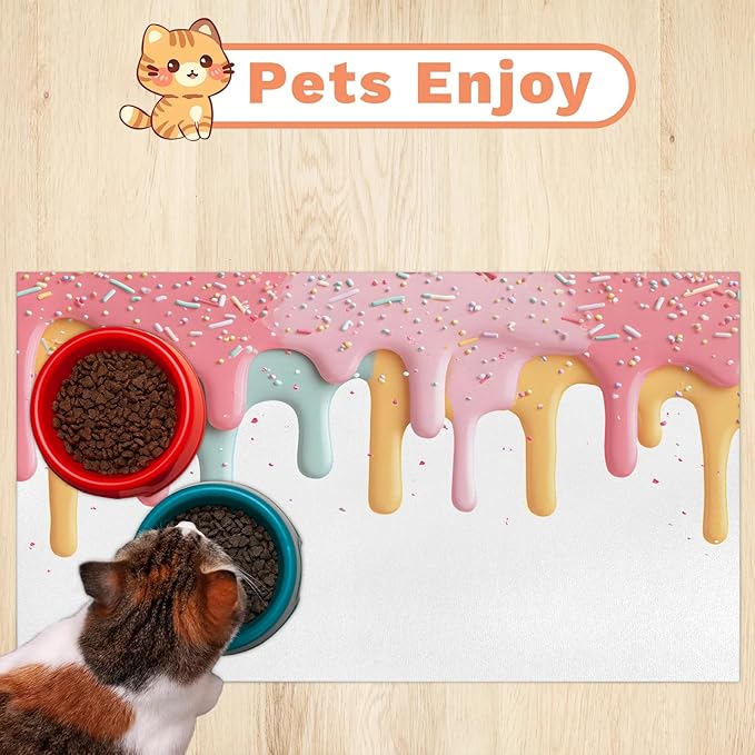 Ice Cream Dog Food Mat for Floors Absorbent Dog Bowl Mat for Food and Water Dispenser Quick Dry Cat Food Placemat Pet Supplies 12" x 20", Colorful Dessert
