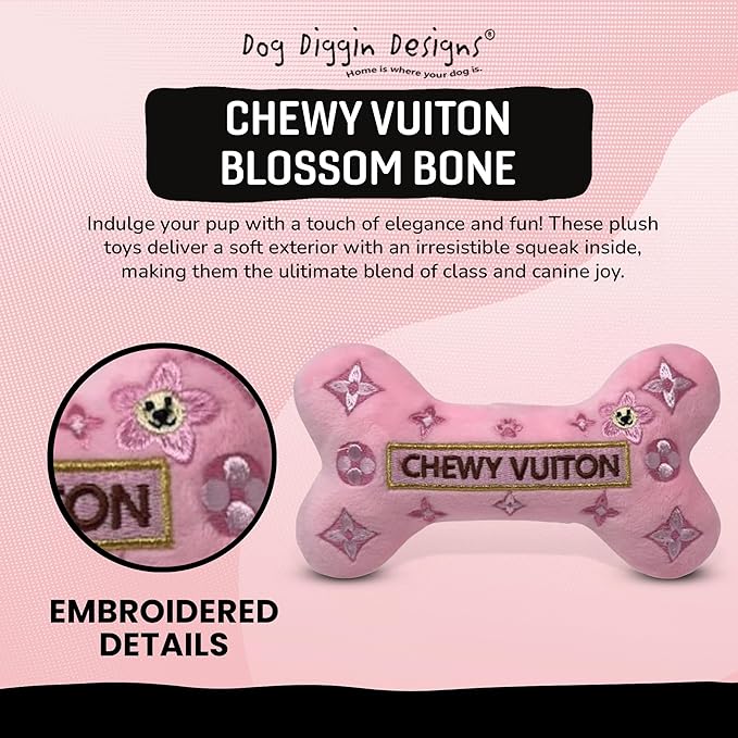 Dog Diggin Designs Chewy Vuiton Pink Blossom Plush Dog Toy Bone | Luxury-Inspired Parody Designer Bone with Squeaker, Soft Plush Chew & Play Dog Toy – Prêt-à-Porter Play!