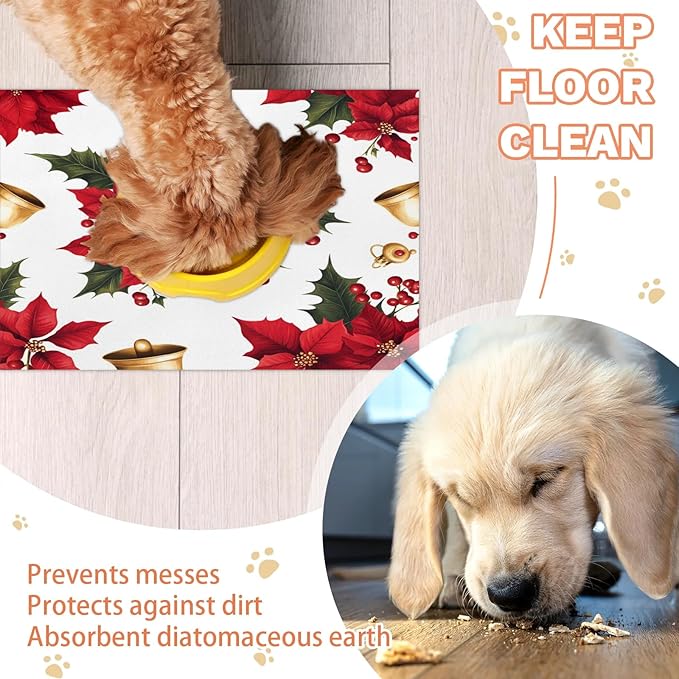 Red Poinsettia Dog Food Mat for Floors Absorbent, Quick Dry Water Dispenser Mat for Food, Water, Pet Supplies 17" x 30", Xmas Holly