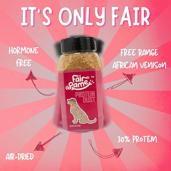 Fair Game Protein Dust Dog Food Topper, Free Range African Venison, High Protein 30%, Hormone Free, Air-Dried, 8 Oz