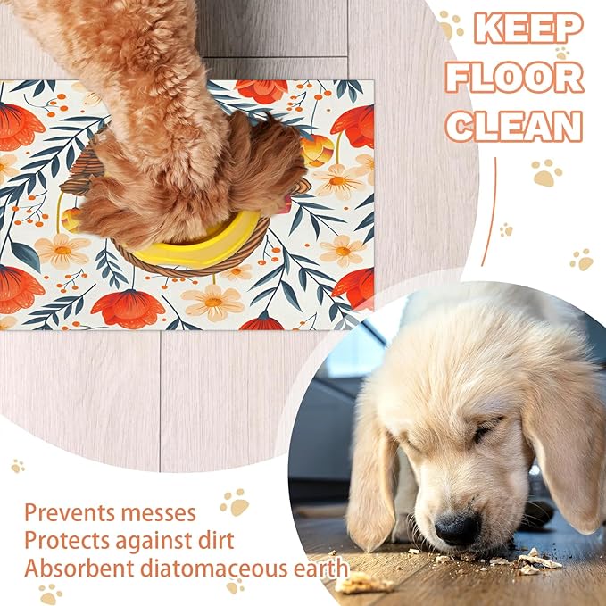 Spring Easter Dog Food Mat for Floors Absorbent Dog Bowl Mat for Food and Water Dispenser Quick Dry Cat Food Placemat Pet Supplies 17" x 30", Flower Egg