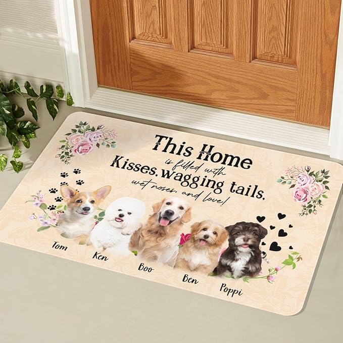 Personalized Dog Cat Doormat, Personalized Gift for Dog Lovers, Dog Dad, Dog Mom,Custom Pet Door Mat for Outdoor,Indoor,Floral Home Door Mat-24x16inch(Up to 5 Dog)