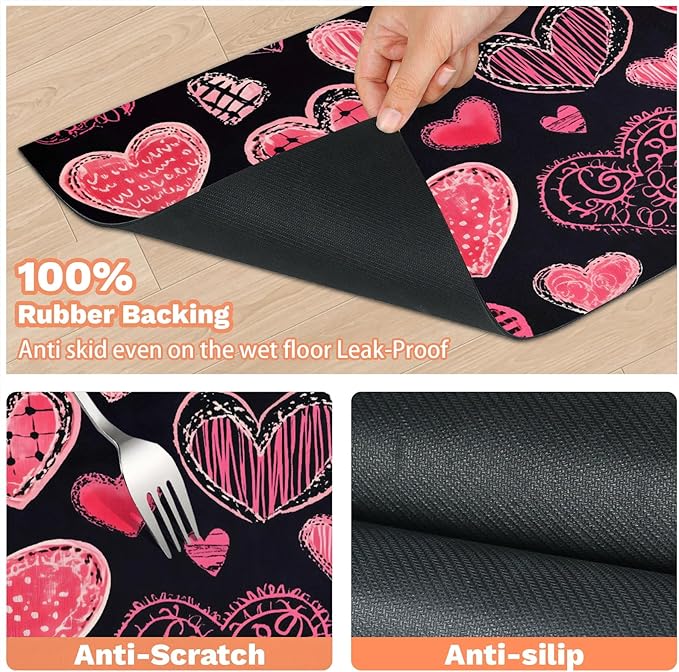 Valentines Day Dog Food Mat for Floors Absorbent, Quick Dry Water Dispenser Mat for Food, Water, Pet Supplies 12" x 20", Pink Love Heart