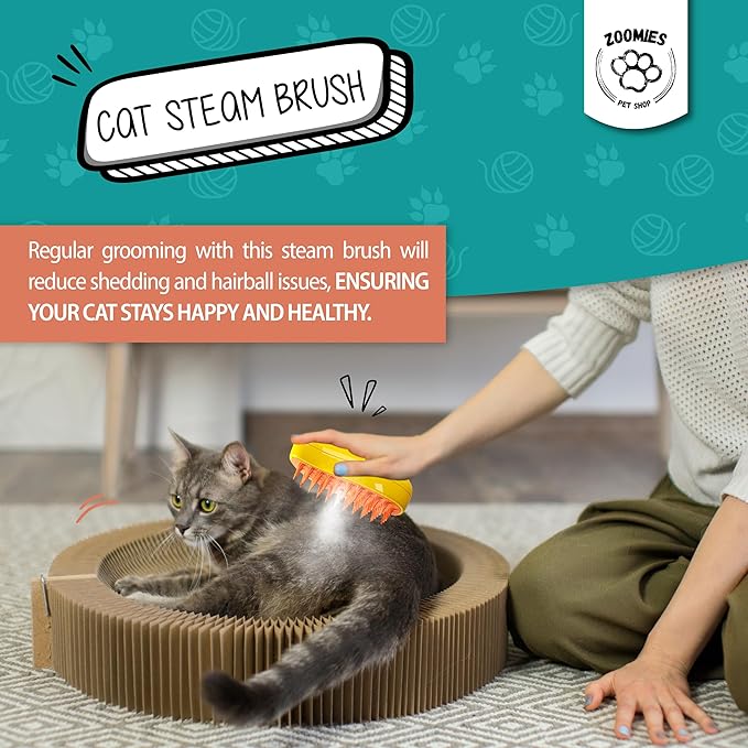 ZOOMIES-Cat Steam Brush-Ultimate 3-in-1 Pet Care Solution: Steamy Cat & Dog Grooming Brush - Say Goodbye to Shedding and Tangled Hair with our Steam-Powered Steamer Brush, Yellow