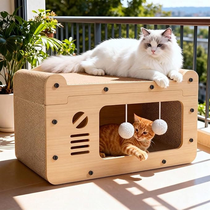 Multi-Function Cat Scratcher House Box,3-in-1 Scratch Pad and Soft Bed & Play Cave with Toys, Durable Build & Ideal for Cats/Kitty (Yellow,MD-TV)