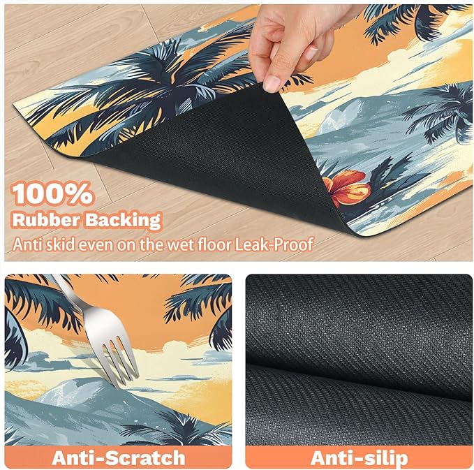 Palm Tree Dog Food Mat for Floors Absorbent, Quick Dry Water Dispenser Mat for Food, Water, Pet Supplies 17" x 30", Tropical Flower