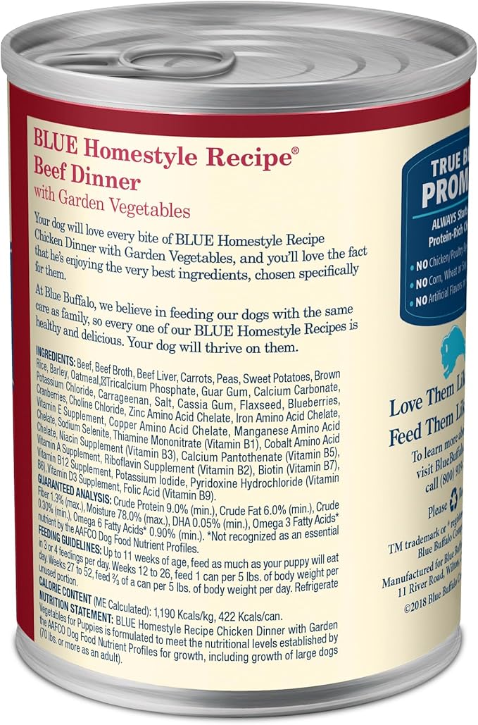 Blue Buffalo Homestyle Recipe Beef Dinner with Garden Vegetables Wet Dog Food for Adult Dogs, Chicken Recipe, 12.5 oz. Cans, 3 Count