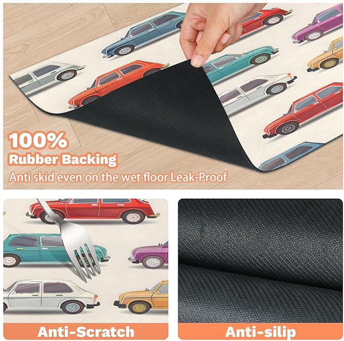 Colorful Cars Dog Food Mat for Floors Absorbent, Quick Dry Water Dispenser Mat for Food, Water, Pet Supplies 17" x 30", Cartoon Car