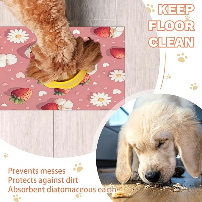 Strawberry Cake Dog Food Mat for Floors Absorbent Dog Bowl Mat for Food and Water Dispenser Quick Dry Cat Food Placemat Pet Supplies 16" x 24", Daisy Flower