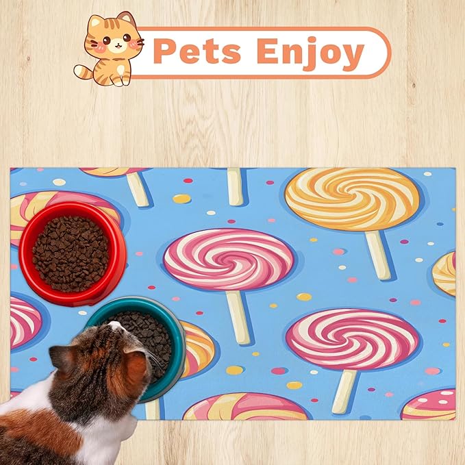 Candy Dog Food Mat for Floors Absorbent Dog Bowl Mat for Food and Water Dispenser Quick Dry Cat Food Placemat Pet Supplies 12" x 20", Lollipop