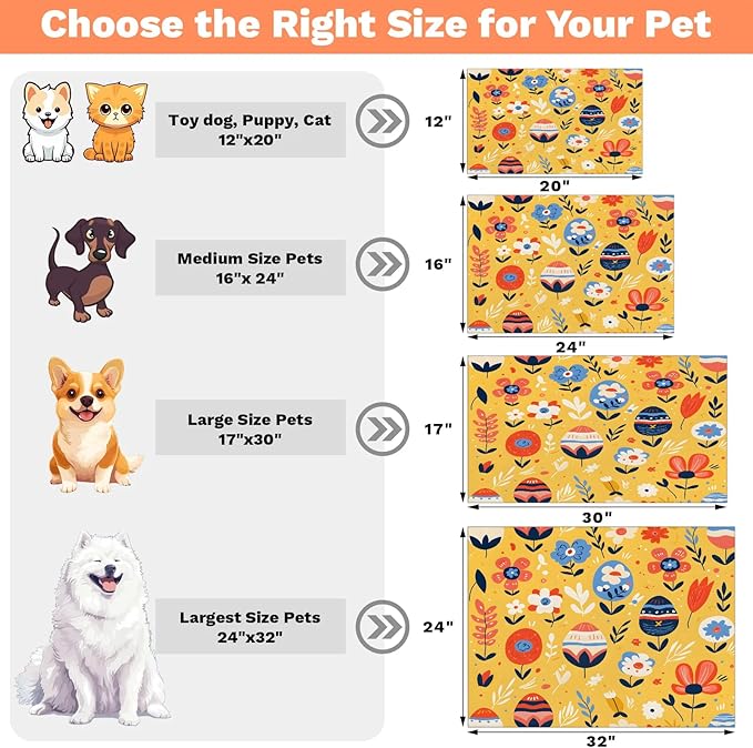 Spring Easter Dog Food Mat for Floors Absorbent Dog Bowl Mat for Food and Water Dispenser Quick Dry Cat Food Placemat Pet Supplies 17" x 30", Egg Flower