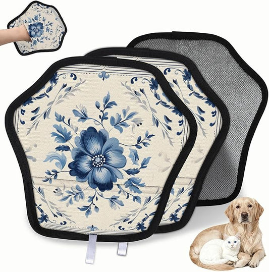 Reusable Pet Hair Removal Glove Blue Floral Pattern Magic Brush for Cat & Dog Hair Remover for Car, Sofa, Bedding, Clothes - 9x9 Mitt Washable