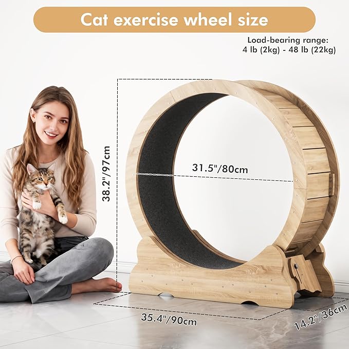 38'' Indoor Cat Exercise Wheel, Cat Running Wheel with Smooth and Quiet Roller, Detachable Carpet and Toy Teaser for Fun Fitness Training Treadmill,Natural Wood
