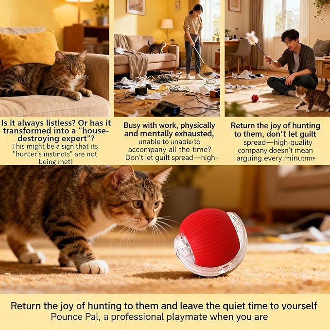 Cat Toy, 360° Automatic Rolling Smart Pet Ball Toys, Motion-Activated, Rechargeable, Four Modes, Three Speed Adjustment, Solve Your Cat's Boredom in Seconds (Red)