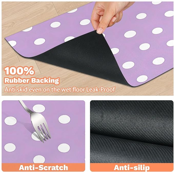 Polka Dot Dog Food Mat for Floors Absorbent Dog Bowl Mat for Food and Water Dispenser Quick Dry Cat Food Placemat Pet Supplies 24" x 32", Purple White Spot