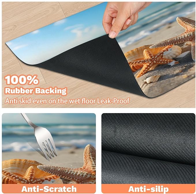 Nautical Coastal Dog Food Mat for Floors Absorbent, Quick Dry Water Dispenser Mat for Food, Water, Pet Supplies 17" x 30", Starfish Seashell