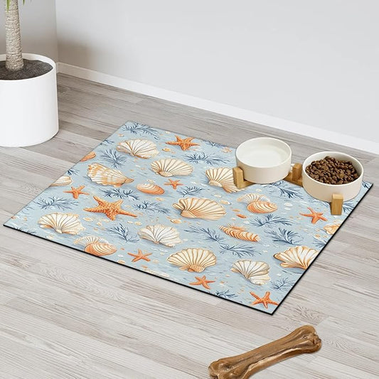 Seashell Starfish Dog Food Mat for Floors Absorbent Dog Bowl Mat for Food and Water Dispenser Quick Dry Cat Food Placemat Pet Supplies 17" x 30", Beach Coastal
