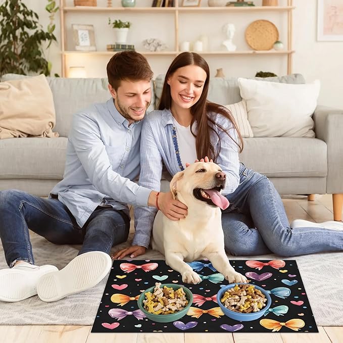 Colorful Bowknot Dog Food Mat for Floors Absorbent, Quick Dry Water Dispenser Mat for Food, Water, Pet Supplies 17" x 30", Love Heart