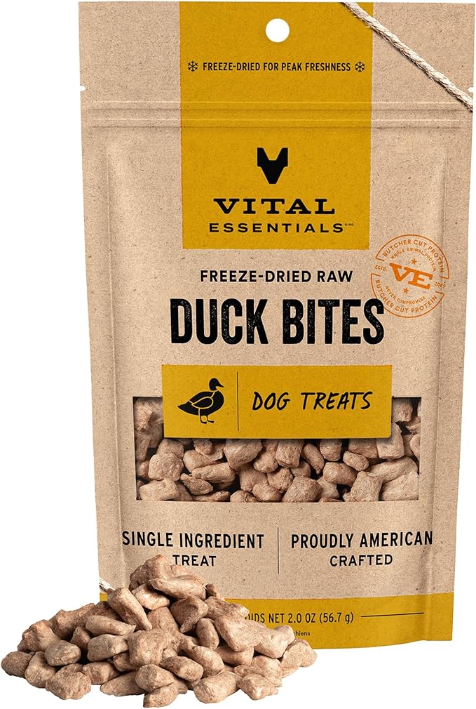 Vital Essentials Freeze Dried Dog Treats | Duck Bites, Single Ingredient | Premium Quality | Grain Free Training Treats for Dogs, 2 oz Bag