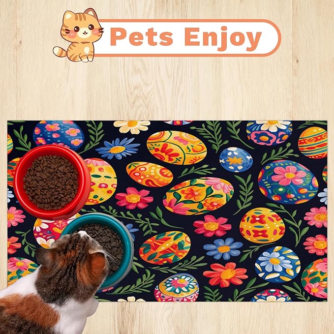 Easter Egg Dog Food Mat for Floors Absorbent Dog Bowl Mat for Food and Water Dispenser Quick Dry Cat Food Placemat Pet Supplies 24" x 32", Watercolor Flower