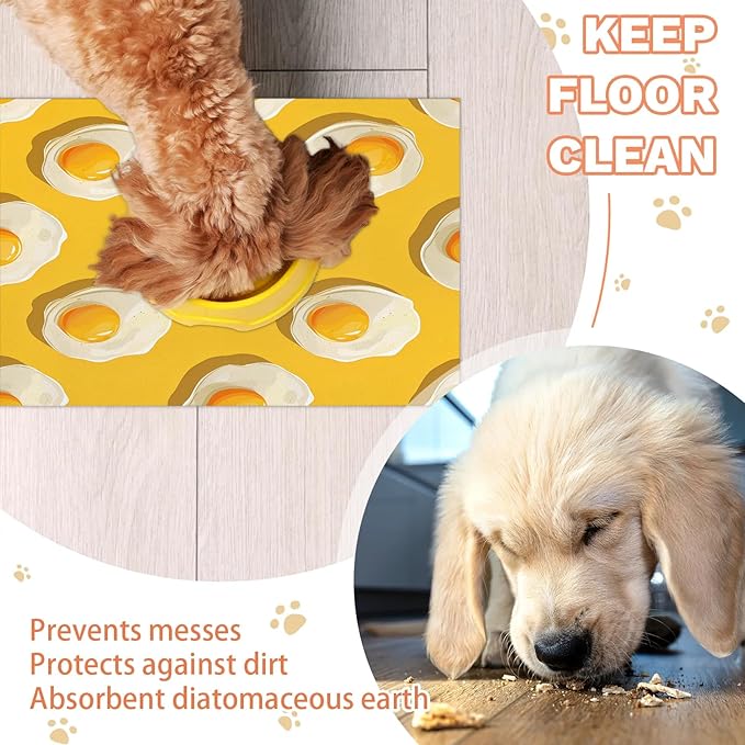 Cartoon Egg Dog Food Mat for Floors Absorbent Dog Bowl Mat for Food and Water Dispenser Quick Dry Cat Food Placemat Pet Supplies 17" x 30", Cute Fried Egg