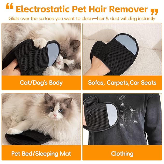 2Pcs Pet Hair Removal Gloves for Dogs & Cats, Electrostatic Pet Hair Remover Tool, Reusable Dog Hair Remover Grooming Gloves Brush Upgraded Removal Mitt