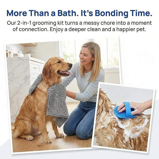 Dog Grooming Kit – Quick Drying Towel for Dogs + Silicone Massage Bath Brush | Super Absorbent Microfiber Dog Towel & Soft Rubber Pet Shampoo Brush | Complete Shower & Bath Supplies for Dogs & Cats