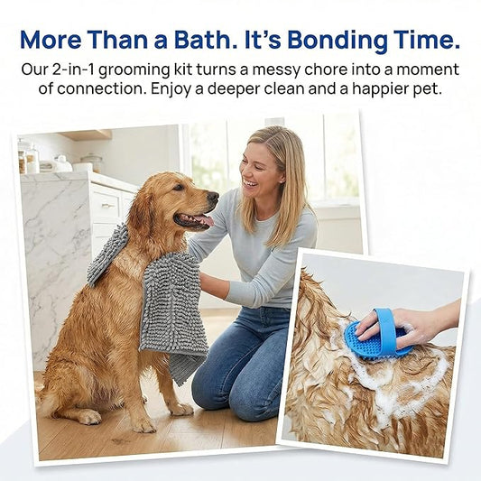Dog Grooming Kit – Quick Drying Towel for Dogs + Silicone Massage Bath Brush | Super Absorbent Microfiber Dog Towel & Soft Rubber Pet Shampoo Brush | Complete Shower & Bath Supplies for Dogs & Cats