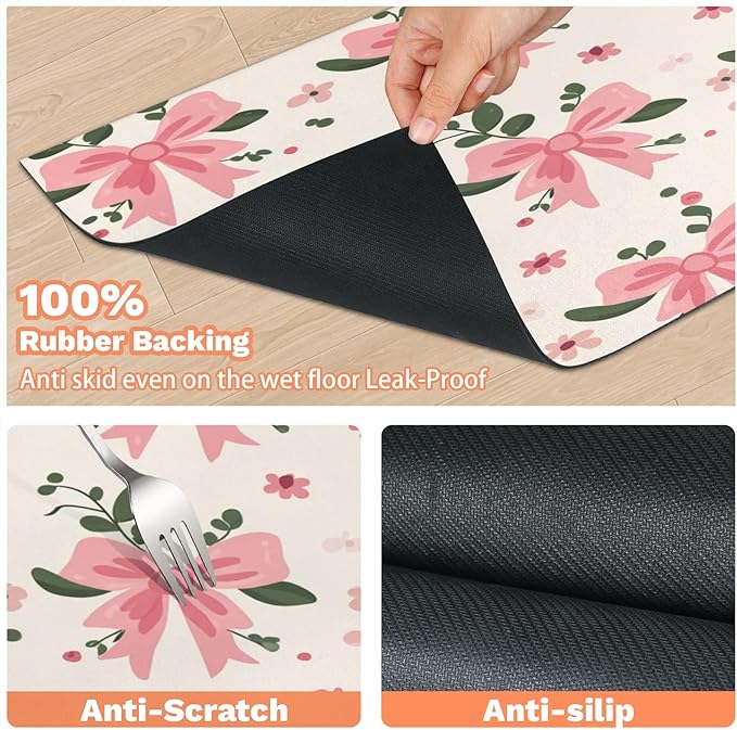 Pink Bow Dog Food Mat for Floors Absorbent, Quick Dry Water Dispenser Mat for Food, Water, Pet Supplies 16" x 24", Flower Leave
