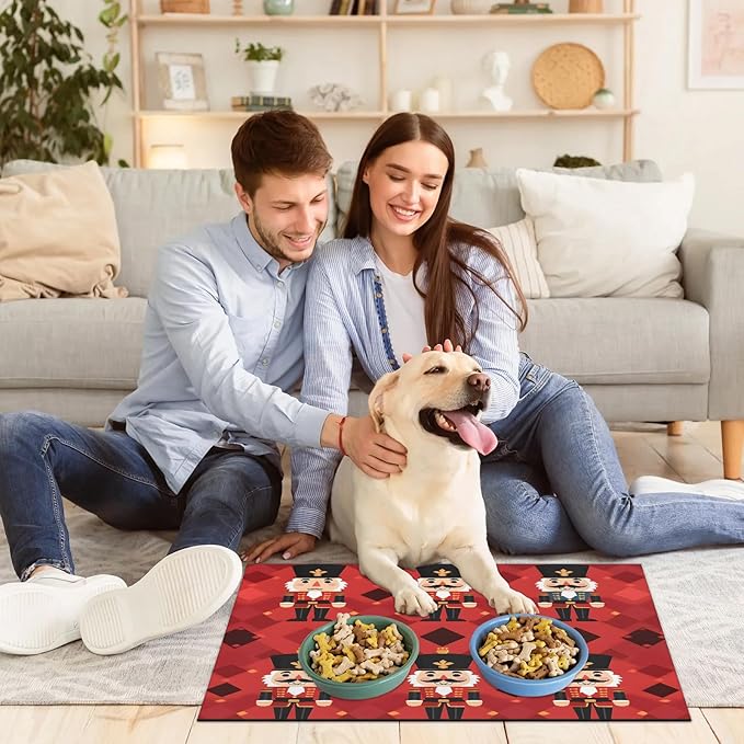 Merry Christmas Dog Food Mat for Floors Absorbent, Quick Dry Water Dispenser Mat for Food, Water, Pet Supplies 16" x 24", Colorful Nutcrackers