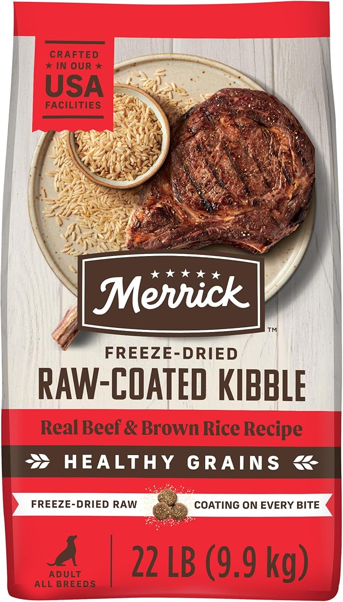 Merrick Healthy Grains Freeze Dried Raw Coated Kibble, Natural High Protein Dog Food, Beef and Brown Rice - 22.0 lb. Bag