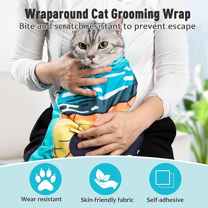 Cat Grooming Wrap35.4"*35.4", Self-Adherent Anti-Scratch Swaddle Restraint, Nail Clipping, Anti-Bite, Anti-Scratch, Anti-Escape Calming Wrap Multifunctional Care Pet Tools XL
