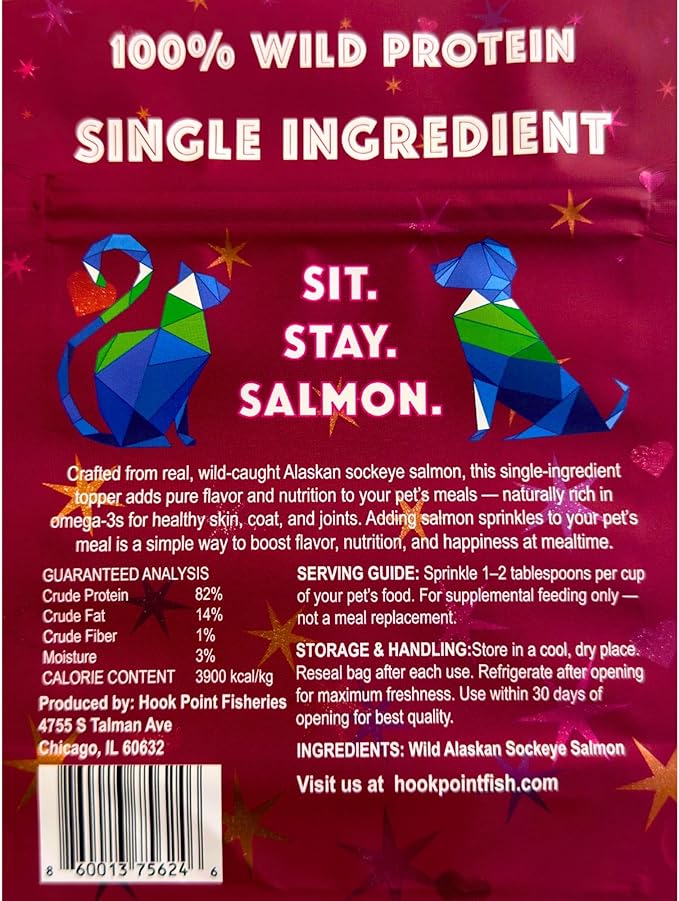 Salmon Sprinkles, Dog and Cat Food Topper, Sockeye Salmon, Freeze-Dried, Omega-3 Rich, Single Ingredient, Grain-Free, Made in USA