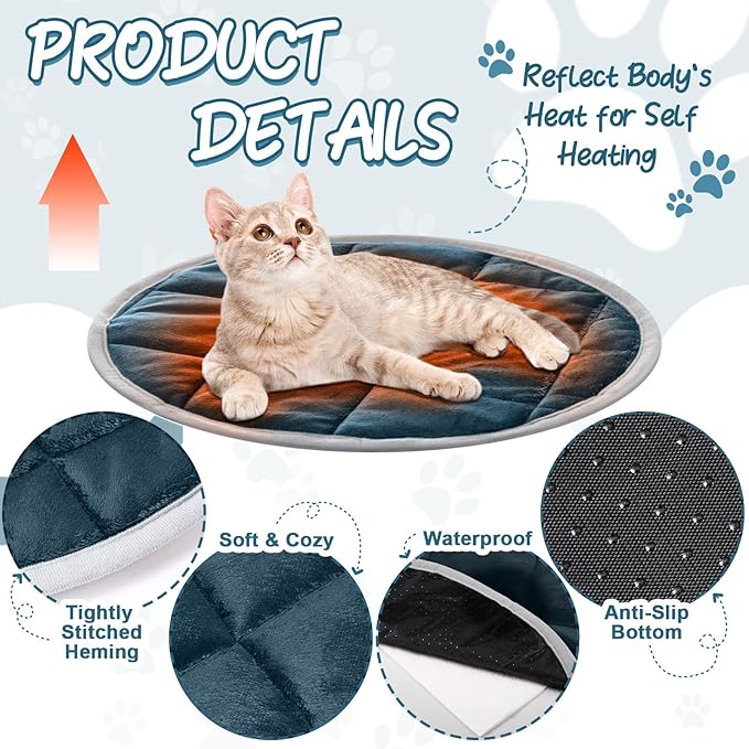 2 Pcs Self Warming Cat Mat Round Self Heating Pad Bed Reversible Machine Washable Heated Bed Anti Slip Warming Pad Pet Mat for Cat Crate Indoor Outdoor(Blue,16 Inch)