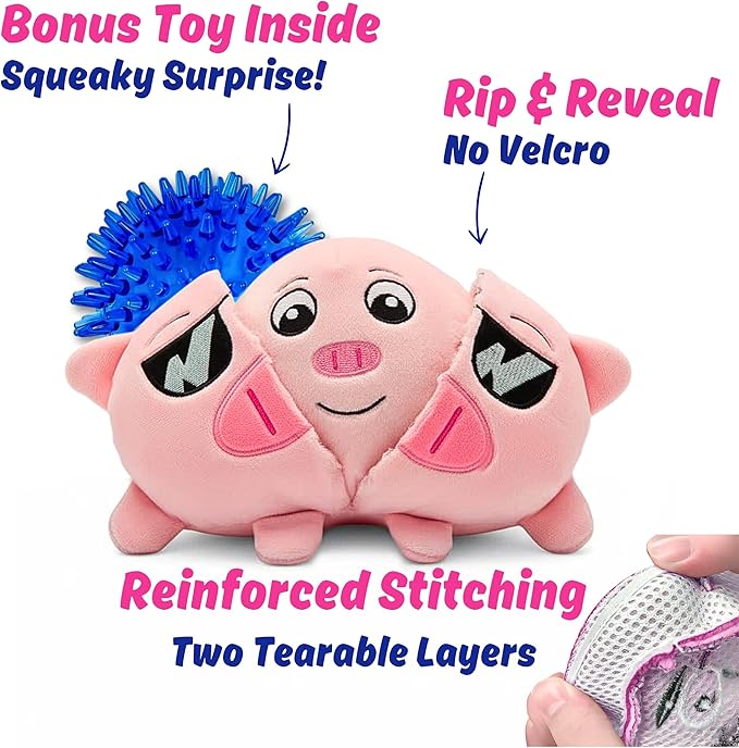 3 in 1 Squeaky Soft Plush Durable Dog Chew Toy for Aggressive Chewers, No Stuffing Interactive Tough Rip & Reveal Crinkle Pink Pig Ball in Gift Box, Puppy, Small & Large Breed Pets Birthday Present