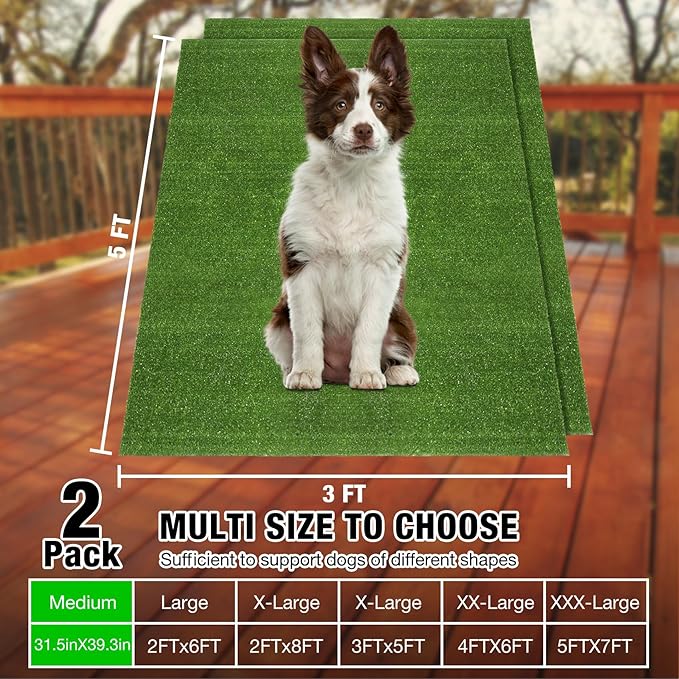 GLOBREEN Fake Grass Pee Pads for Dogs Potty Training, 2 PCS Replacement 3FT X 5FT Artificial Turf Outdoor Rugs for Pets Patio Balcony, with Drainage Hole